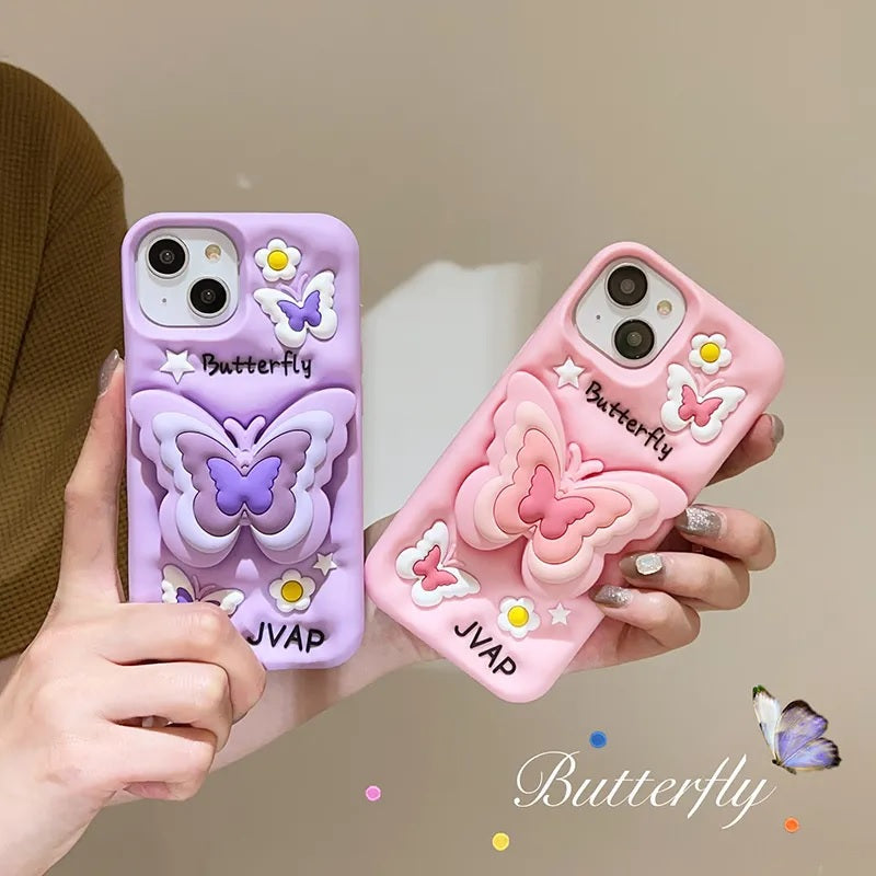 3D Cartoon Butterfly Flower Lavender Phone Case with Holder